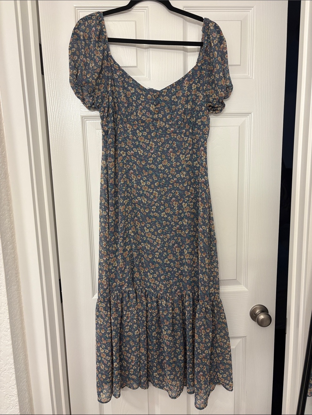 Altar'd State Dusty Blue Floral Midi Dress with Puff Sleeves